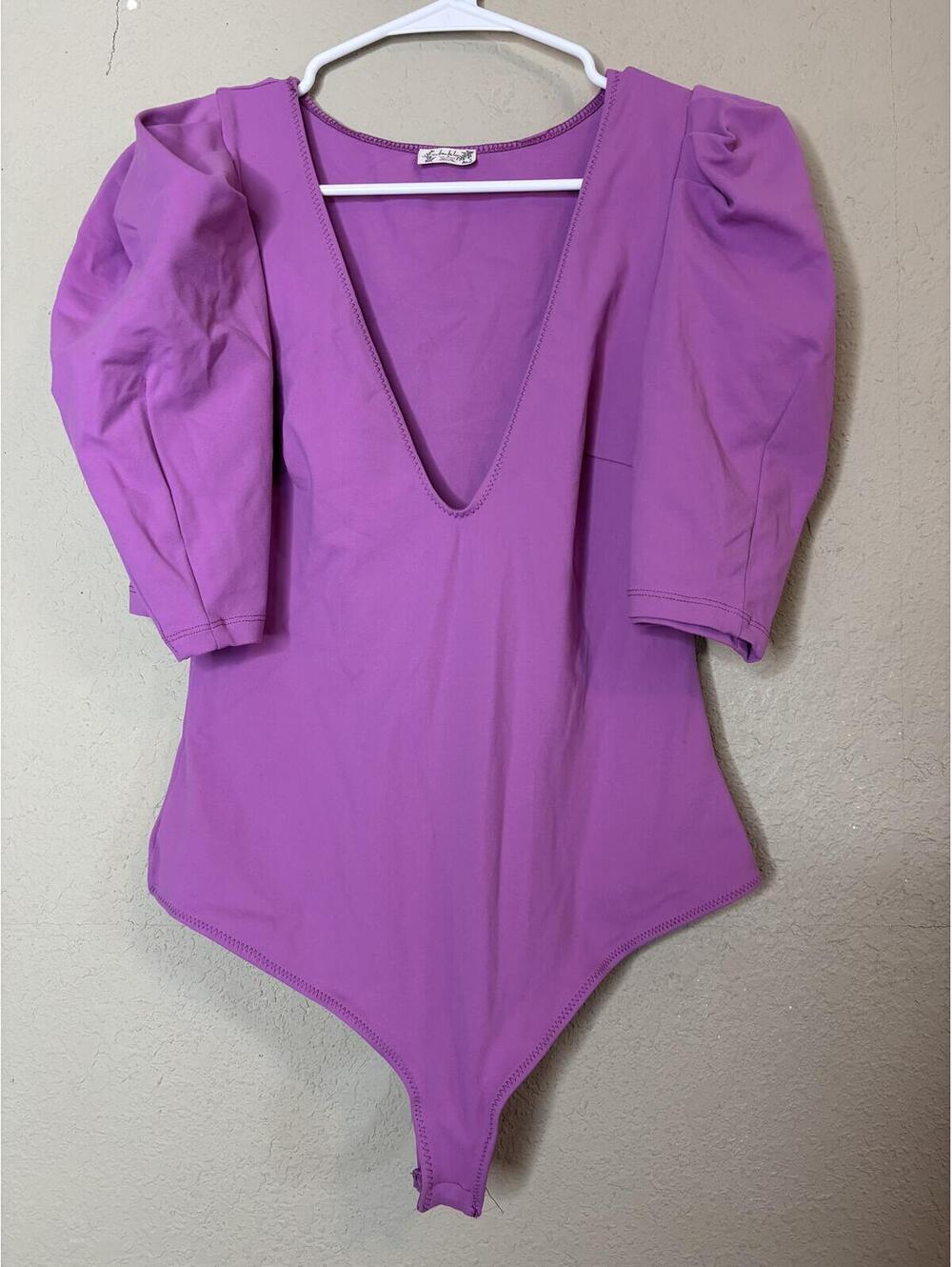 Free People Intimately Purple Puff Sleeve Deep V-Neck Bodysuit